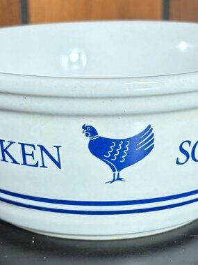 Vintage 1985 Chicken Soup Bowl FTDA Korea Farmhouse Rooster Blue White - EUC